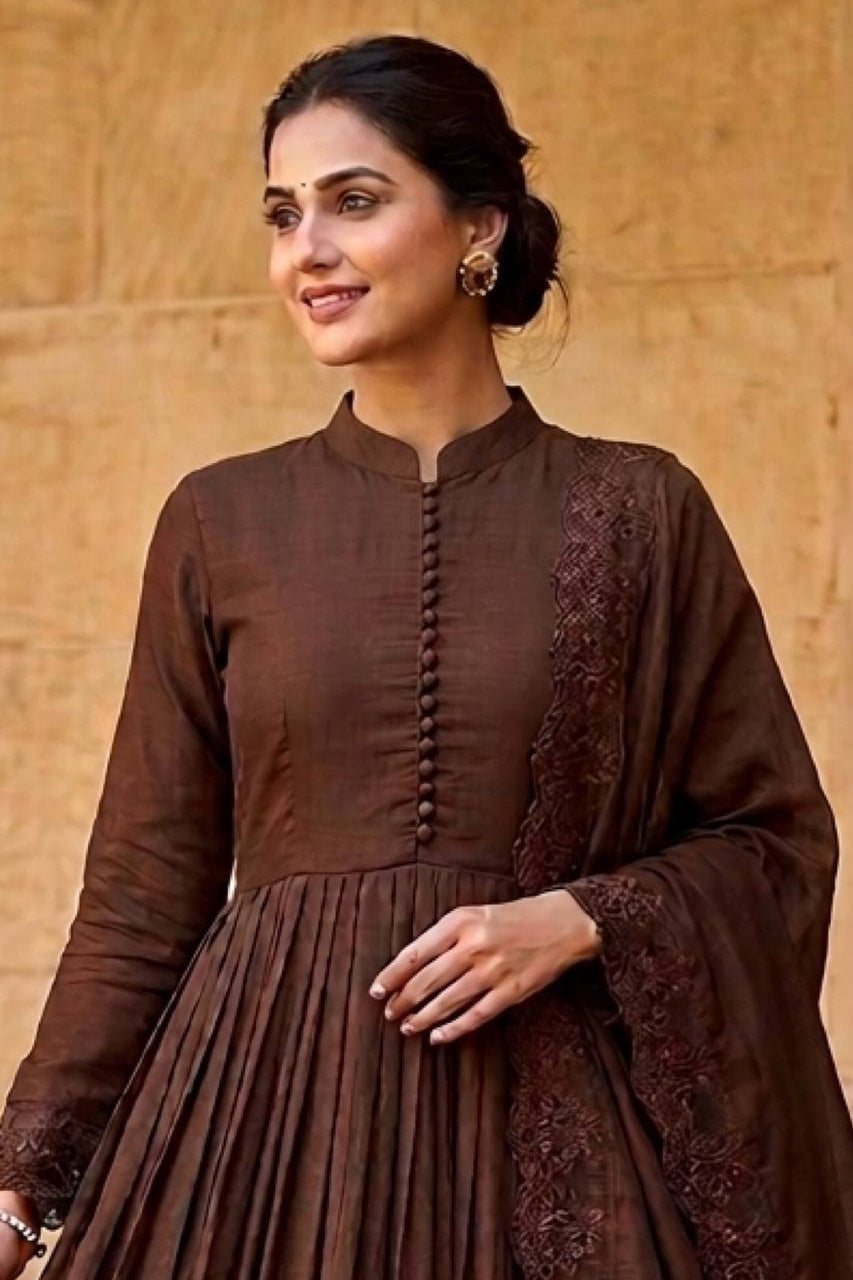 Cocoa Royale Brown Anarkali Kurta Set with Designer Dupatta