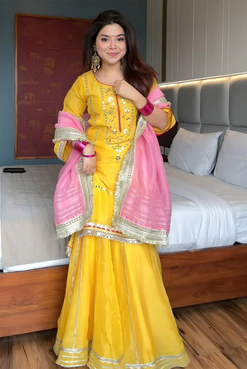 Sunshine Yellow Kurta Sharara Set with Pink Dupatta