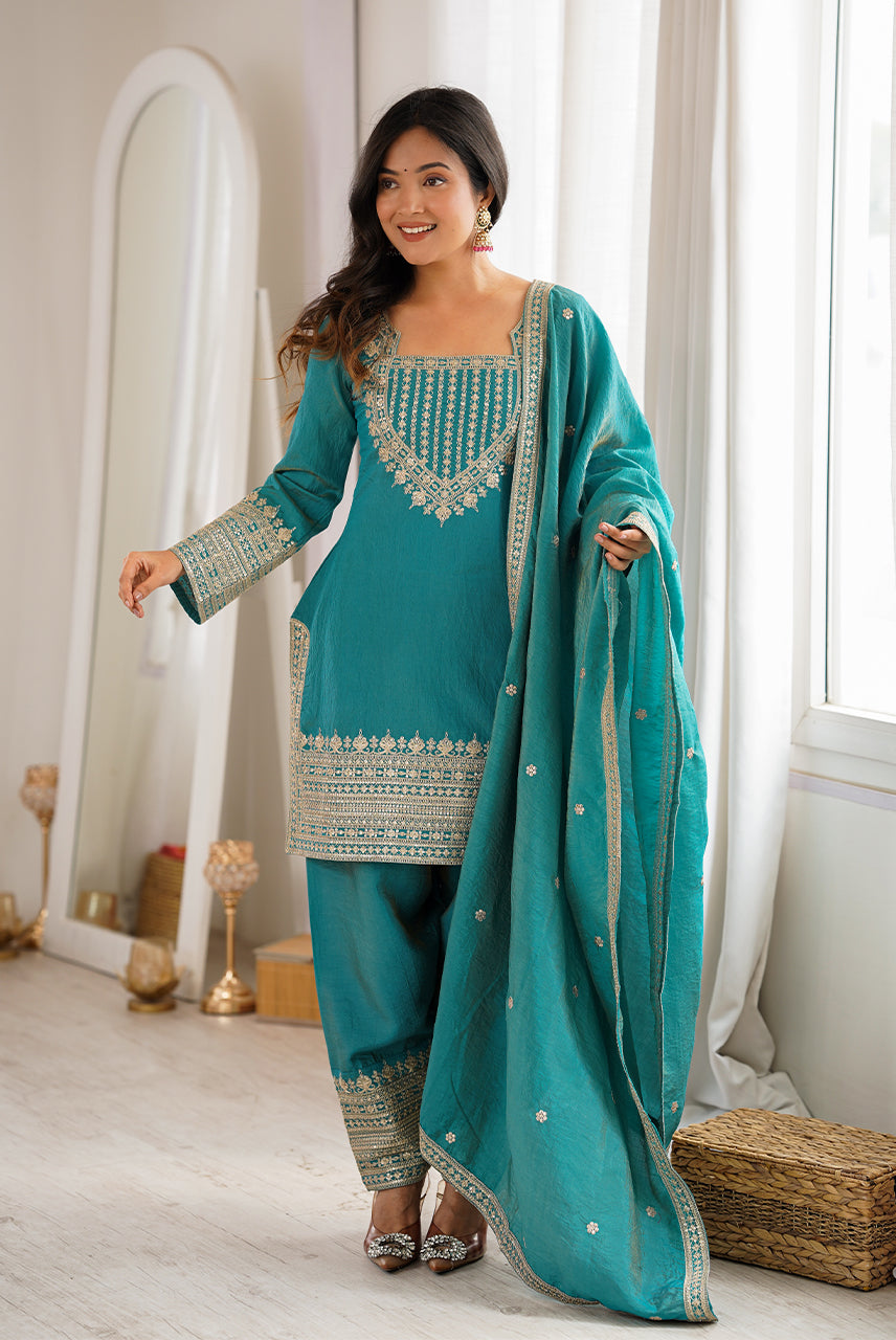Turquoise Blue Embroidered Kurta Patiala Set with Dupatta