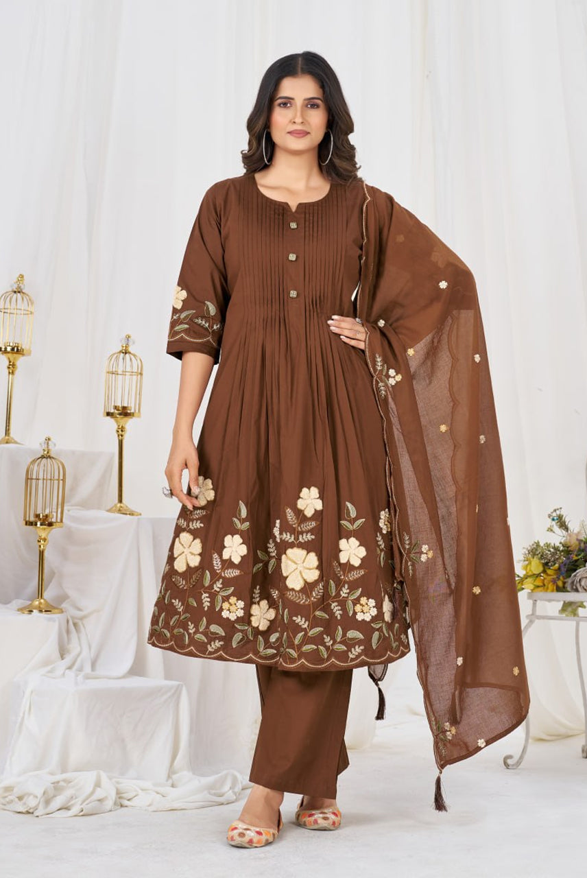 Chocolate Brown Floral Embroidered Anarkali Suit Set