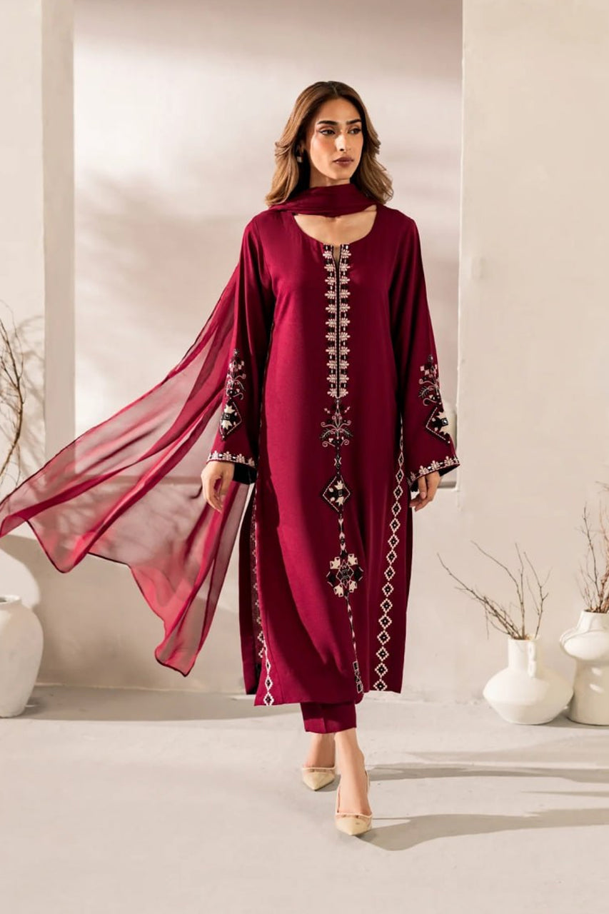 Mehroon Royale Embroidered Kurta Pant Set with Sheer Designer Dupatta