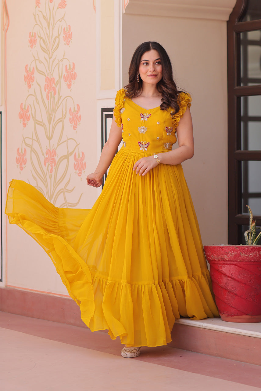 Sunshine Yellow Butterfly Embellished Ruffle Sleeve Anarkali Gown