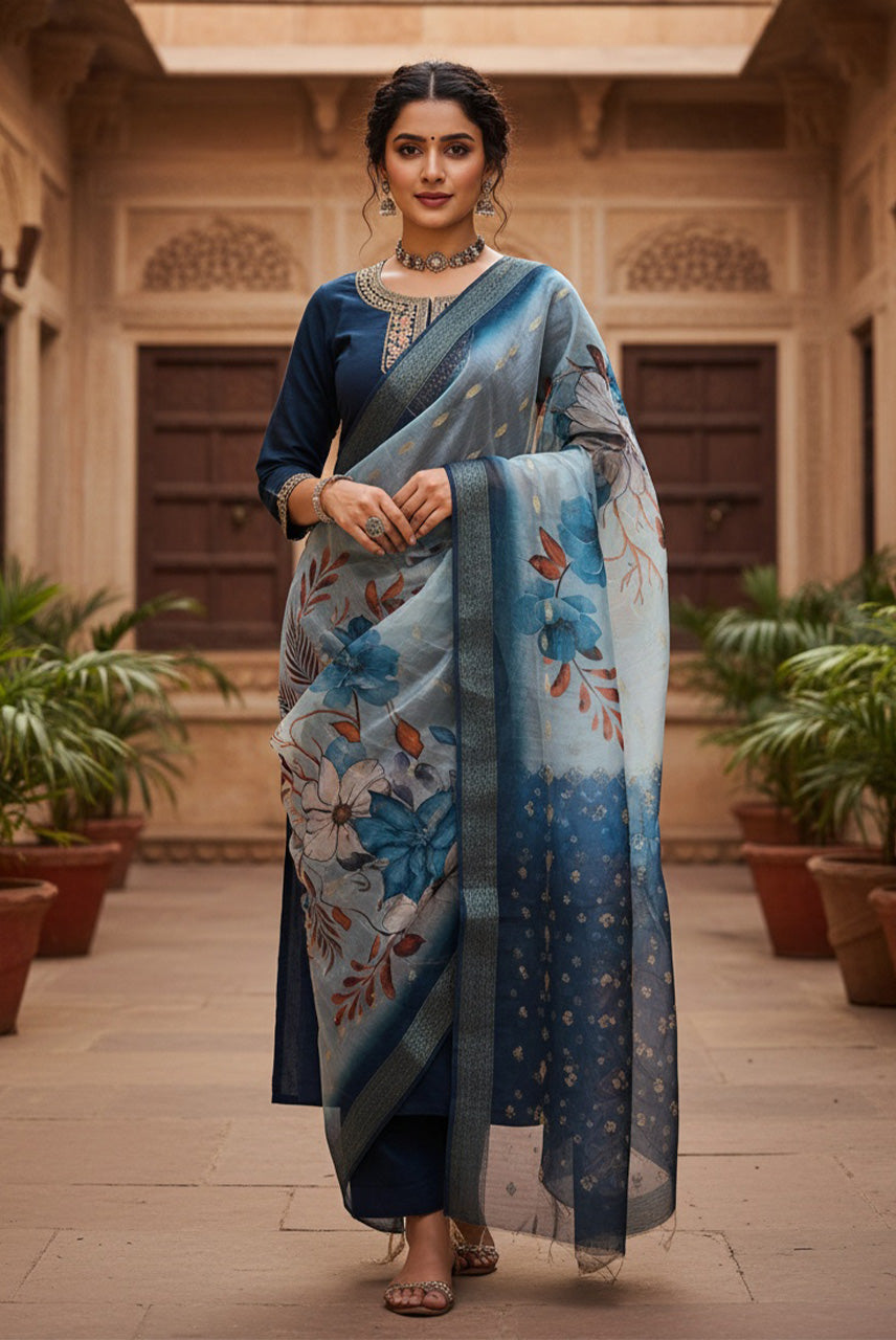Midnight Blue Floral Organza Dupatta Kurta Set