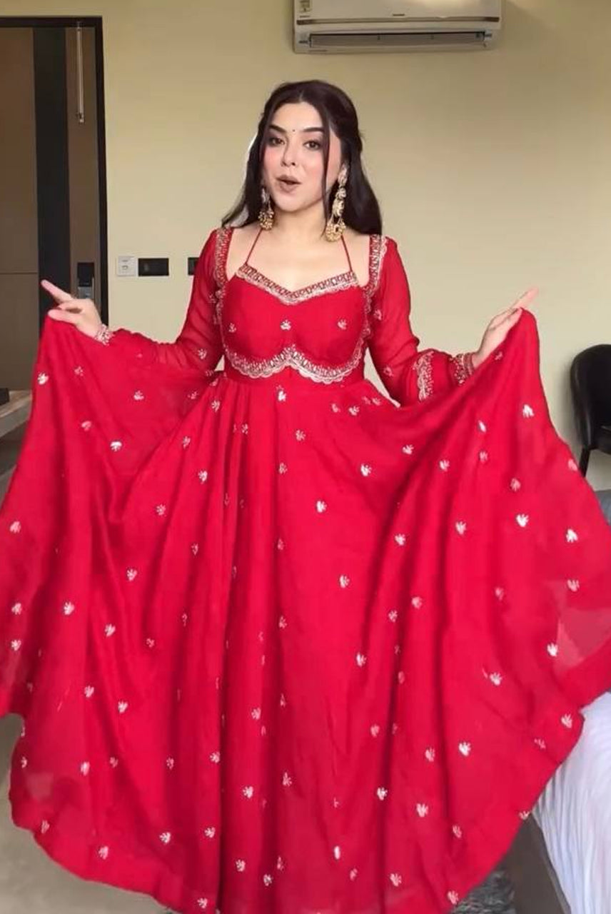 Ruby Red Embroidered Anarkali Suit Set with Dupatta