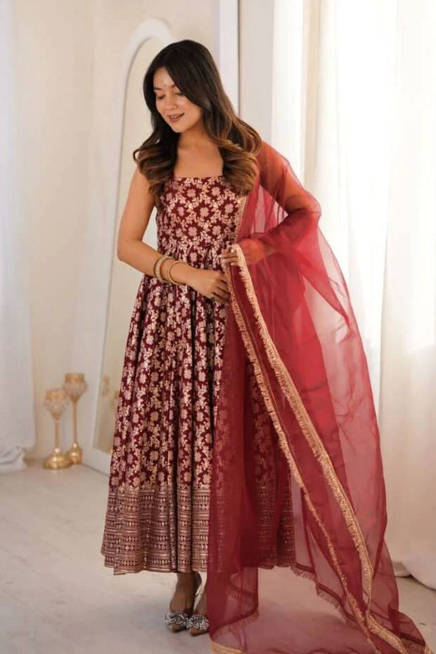 Gulbahar Wine Floral Anarkali Gown Set with Designer Dupatta