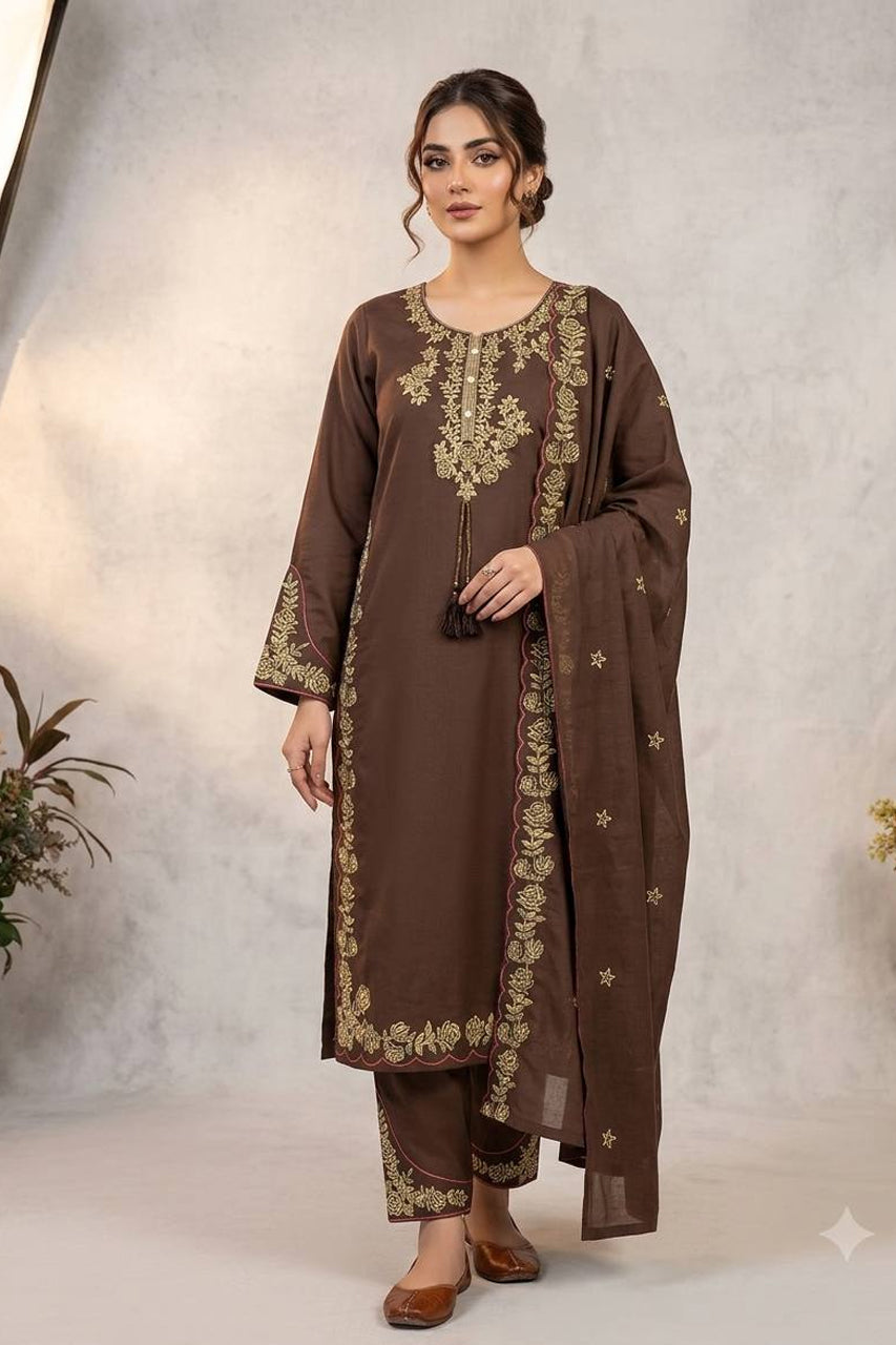 Shehzaadi Mocha Brown Embroidered Kurta Pant Set with Designer Dupatta