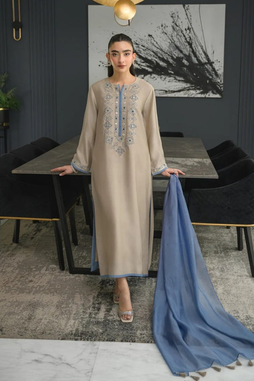Aarzoo Beige Embroidered Kurta Set with Powder Blue Dupatta