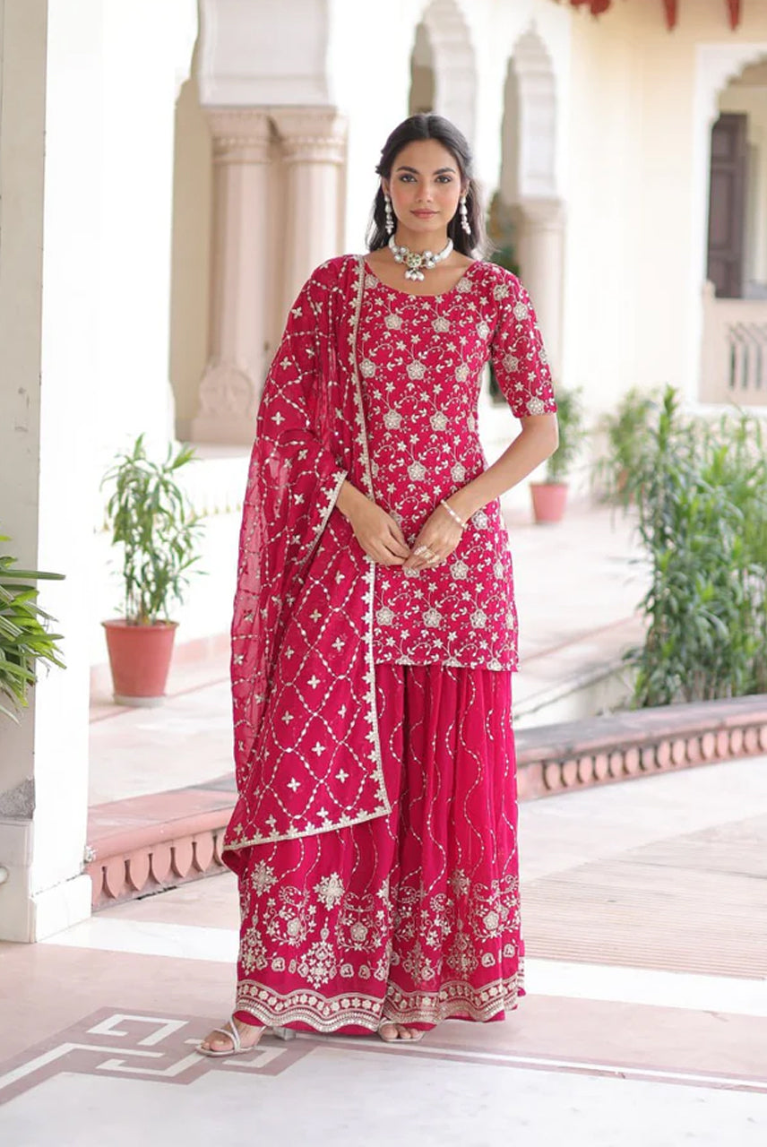 Rani Pink Heavy Embroidered Kurta Sharara Set with Dupatta