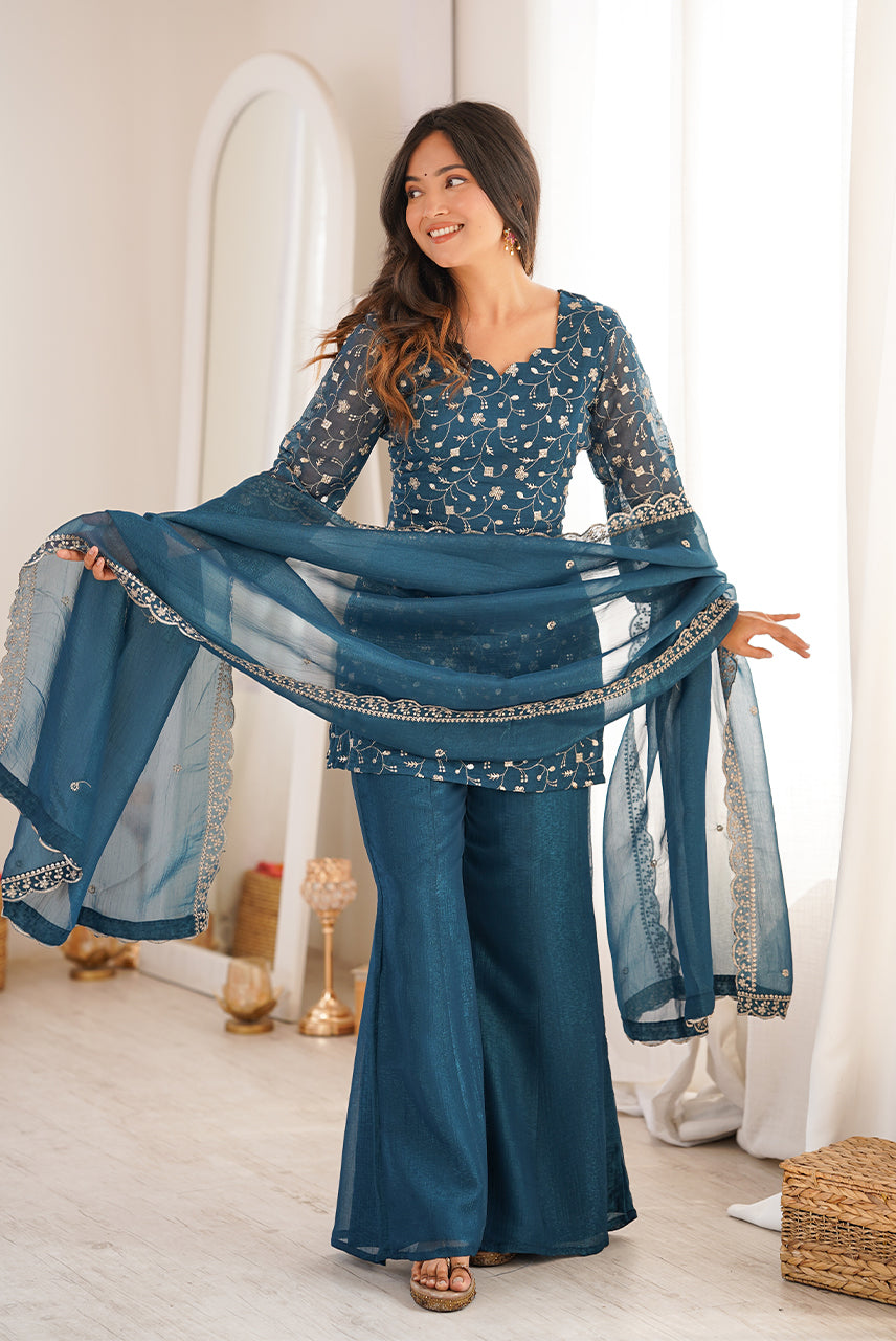 Teal Blue Heavy Embroidered Kurta Palazzo Set with Dupatta