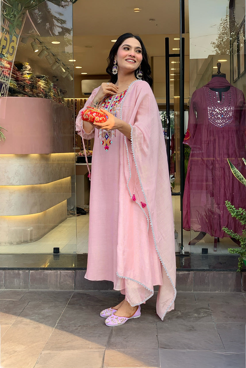 Blush Pink Embroidered Kaftan Kurta Set