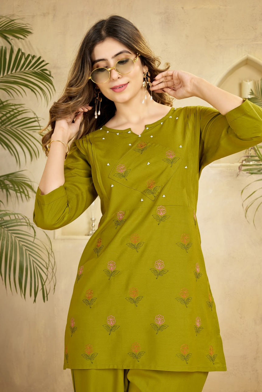 Olive Green Embroidered Kurta & Palazzo Co-ord Set