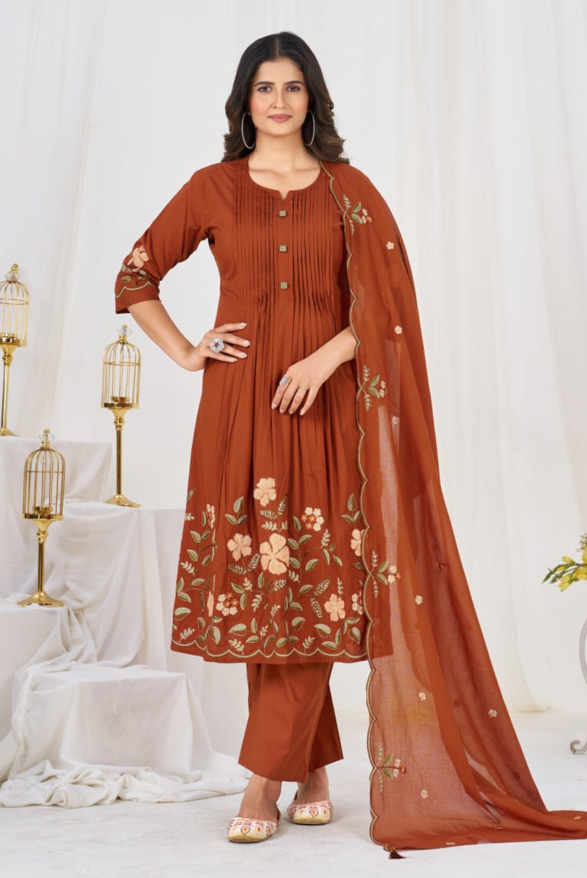 Rust Orange Floral Embroidered Anarkali Suit Set