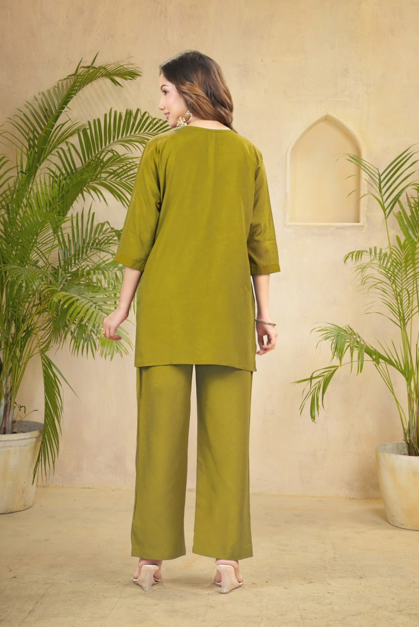 Olive Green Embroidered Kurta & Palazzo Co-ord Set