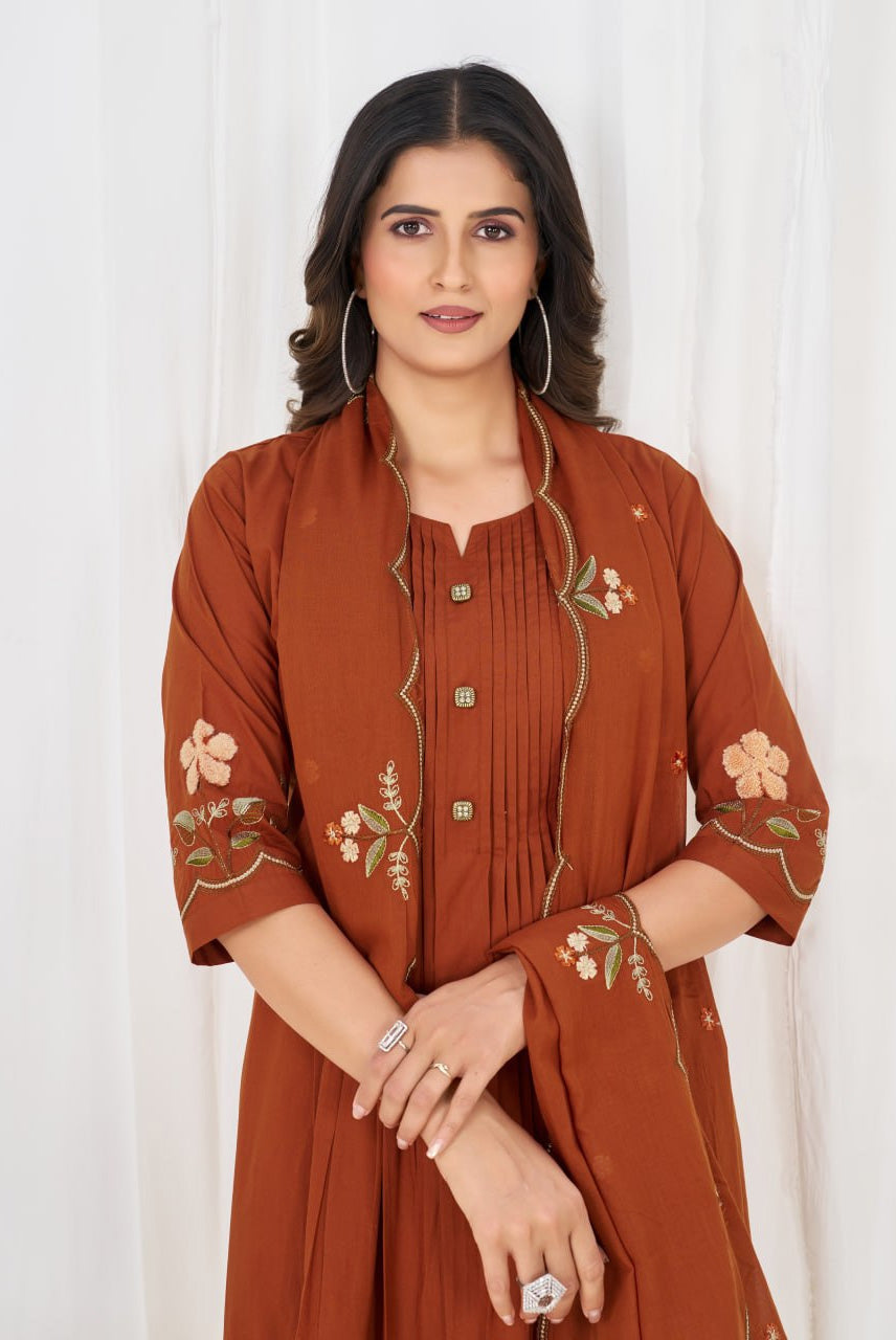 Rust Orange Floral Embroidered Anarkali Suit Set