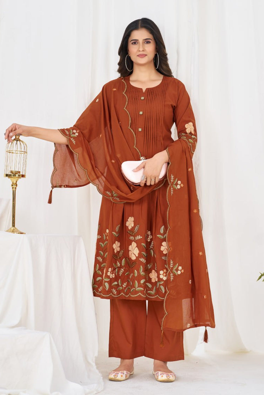 Rust Orange Floral Embroidered Anarkali Suit Set
