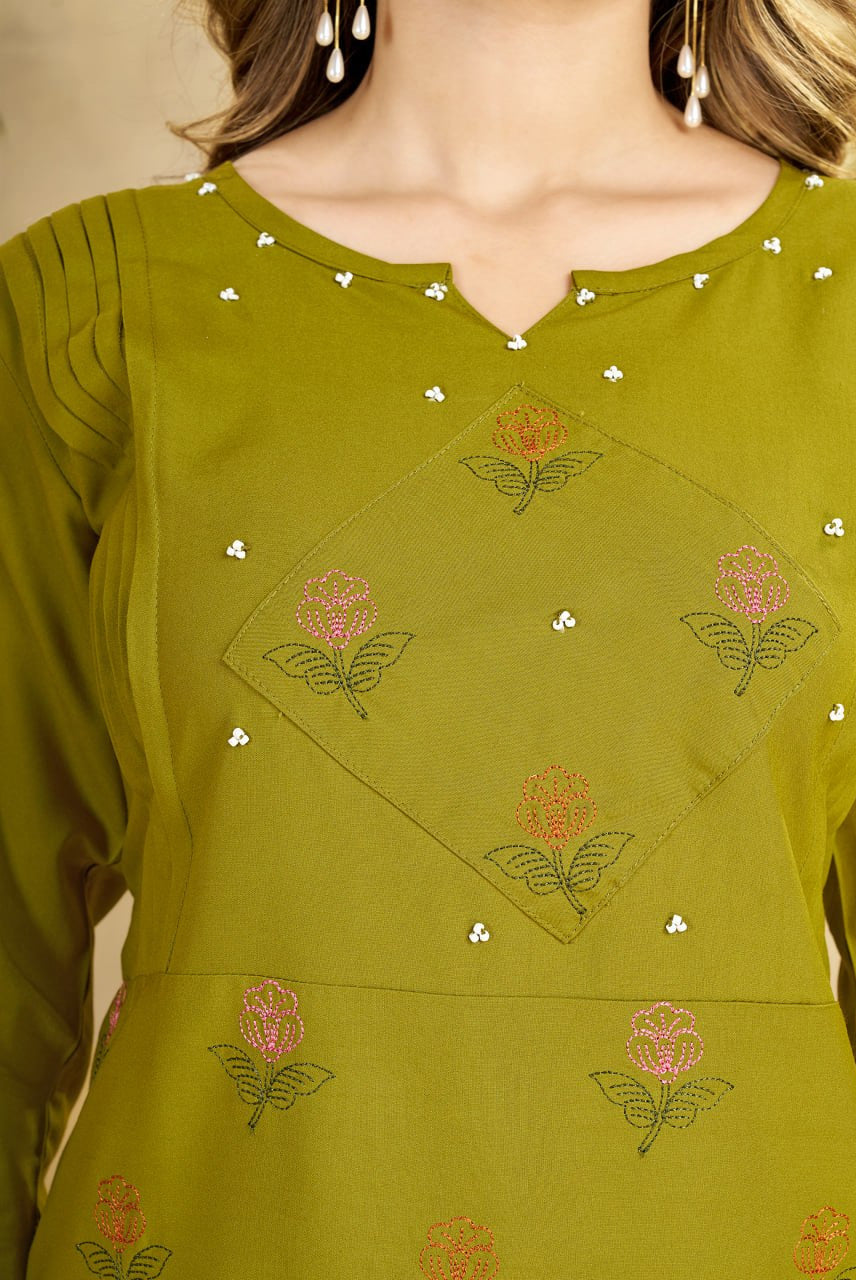 Olive Green Embroidered Kurta & Palazzo Co-ord Set