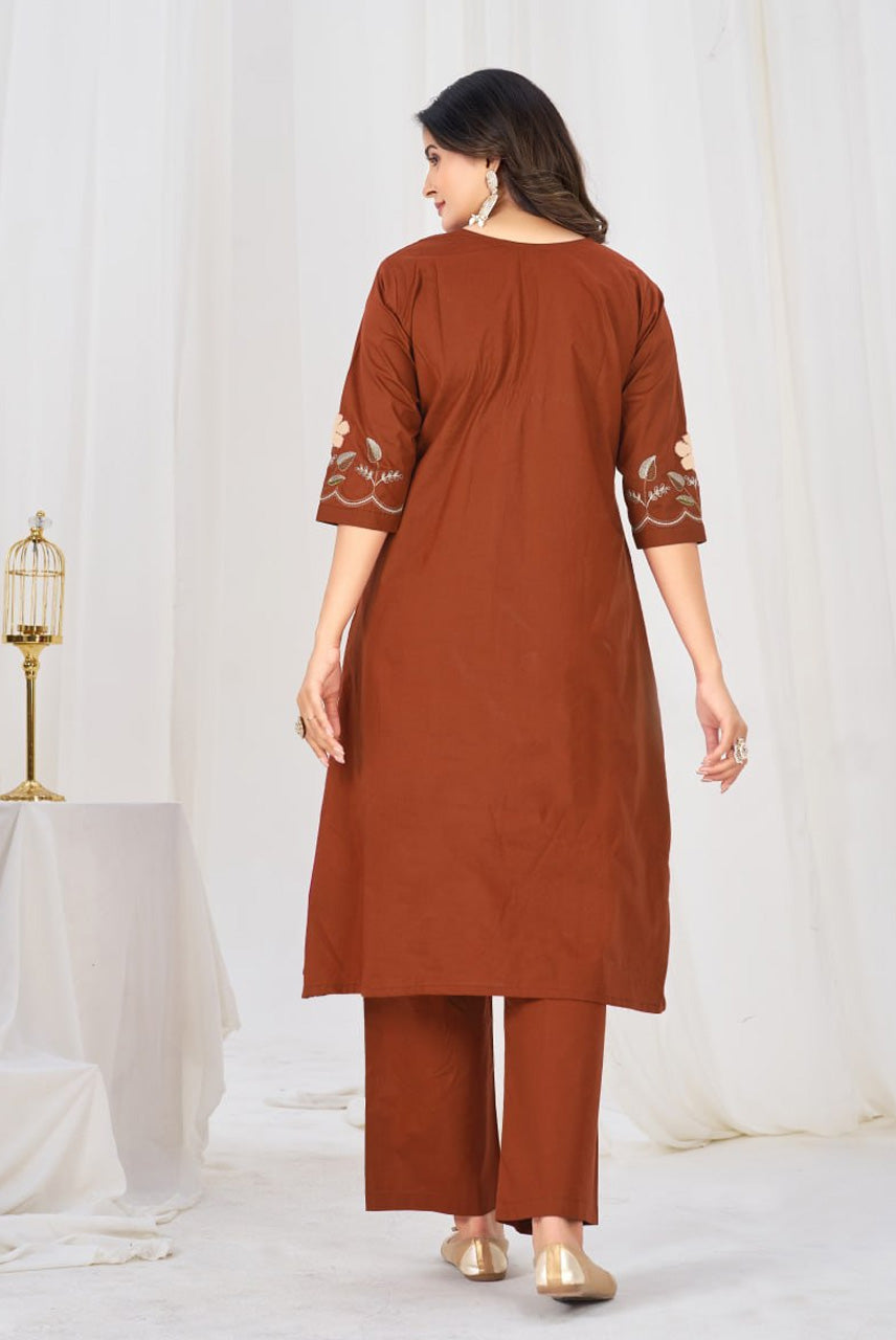 Rust Orange Floral Embroidered Anarkali Suit Set