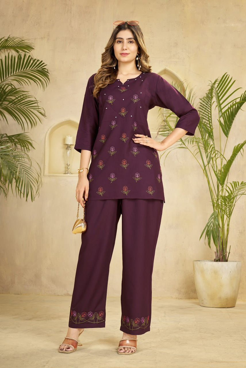 Wine Purple Embroidered Kurta & Palazzo Set – Elegant Ethnic Charm