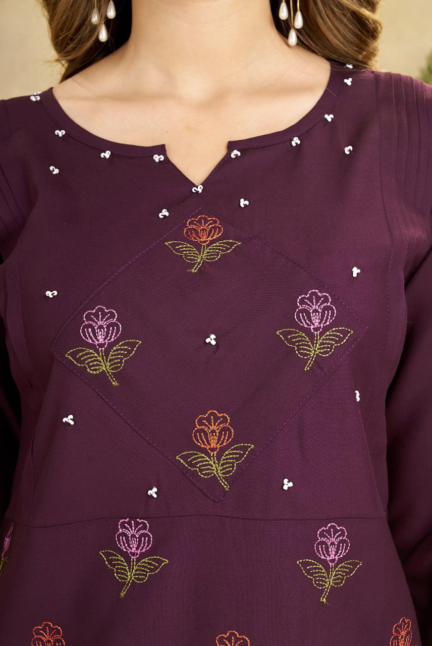 Wine Purple Embroidered Kurta & Palazzo Set – Elegant Ethnic Charm