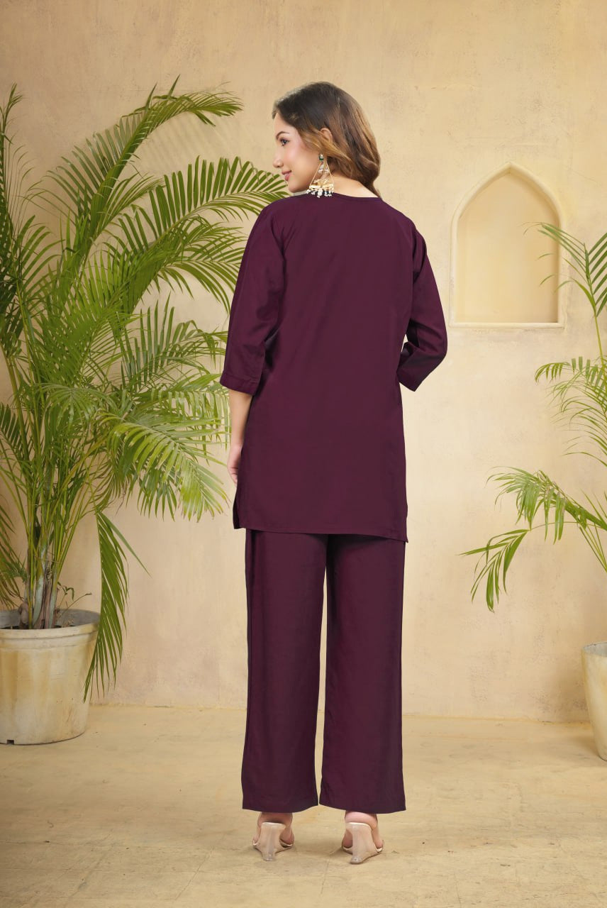 Wine Purple Embroidered Kurta & Palazzo Set – Elegant Ethnic Charm