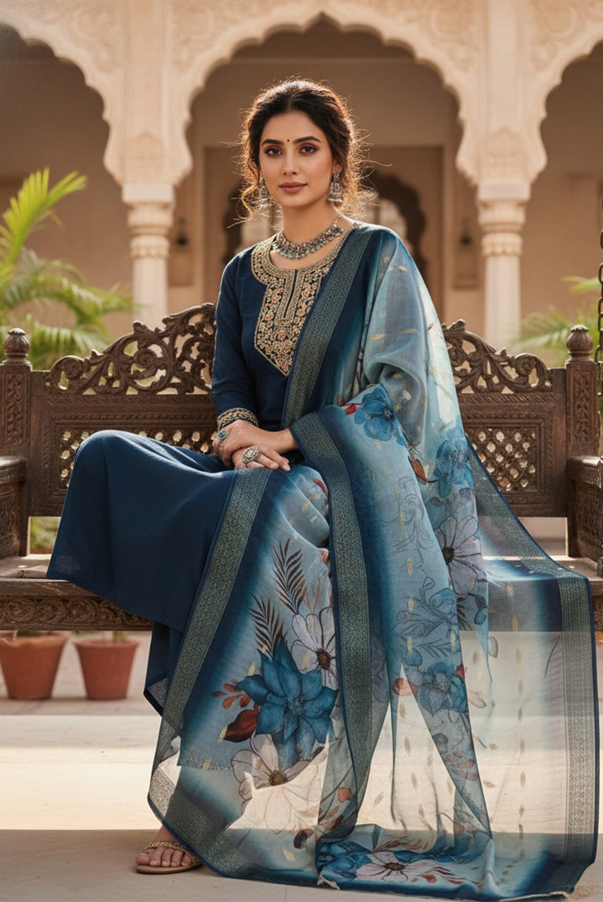 Midnight Blue Floral Organza Dupatta Kurta Set