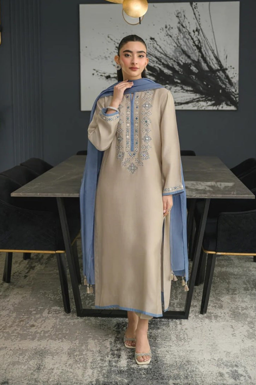 Aarzoo Beige Embroidered Kurta Set with Powder Blue Dupatta