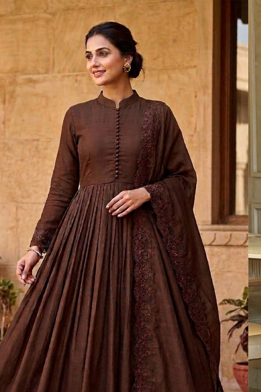 Cocoa Royale Brown Anarkali Kurta Set with Designer Dupatta