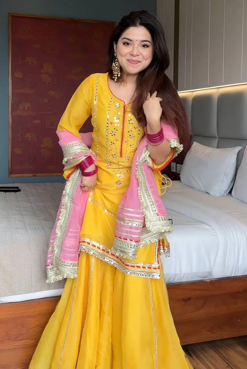 Sunshine Yellow Kurta Sharara Set with Pink Dupatta