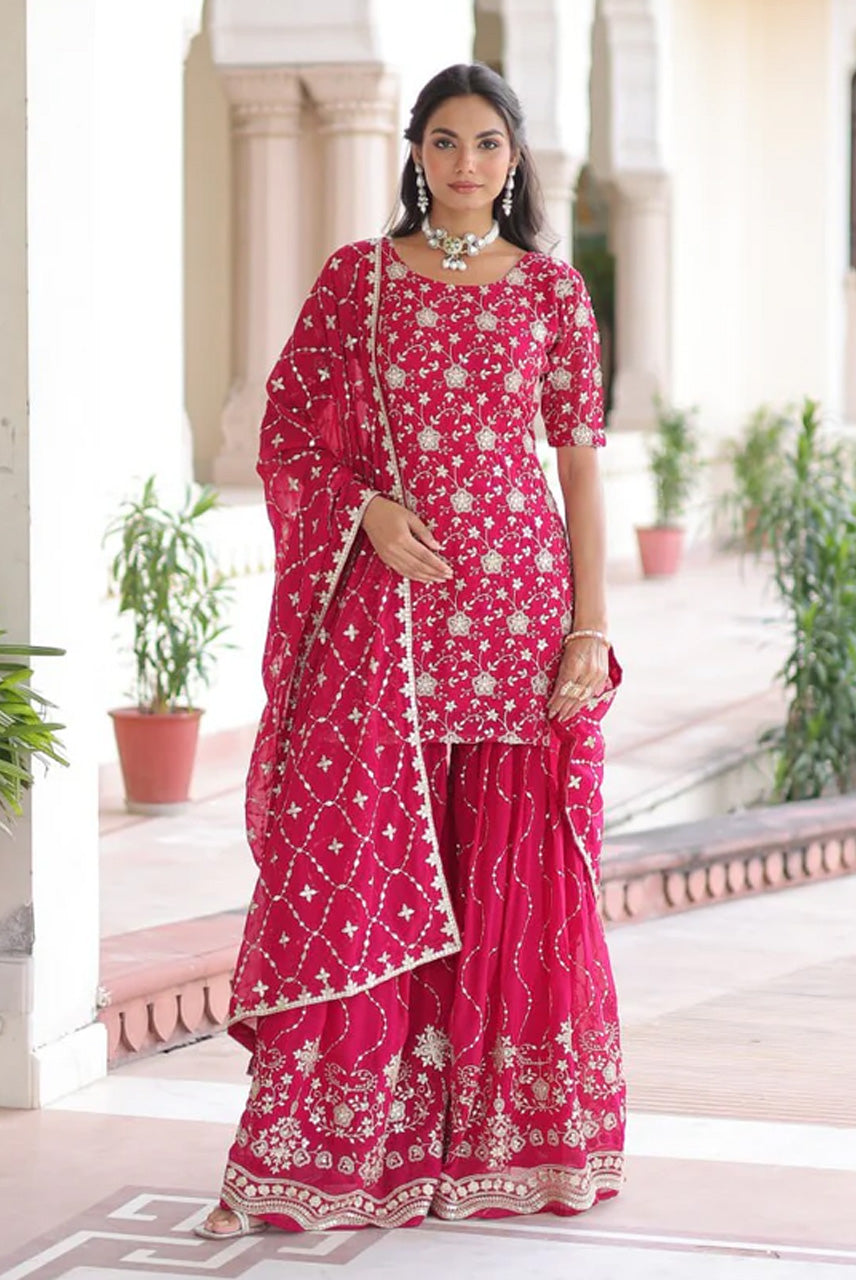 Rani Pink Heavy Embroidered Kurta Sharara Set with Dupatta