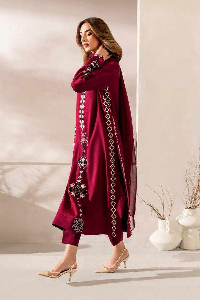 Mehroon Royale Embroidered Kurta Pant Set with Sheer Designer Dupatta
