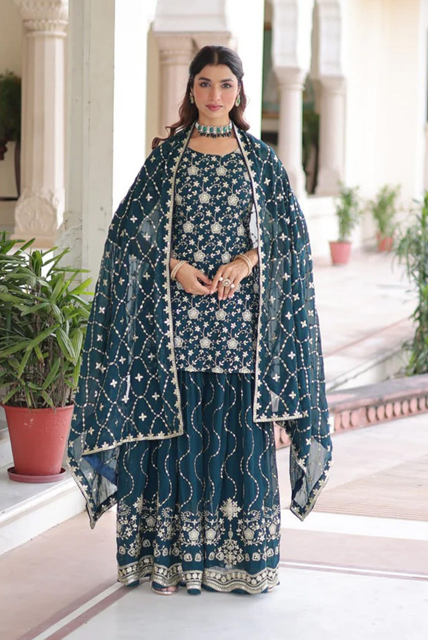 Midnight Teal Heavy Embroidered Kurta Sharara Set with Dupatta