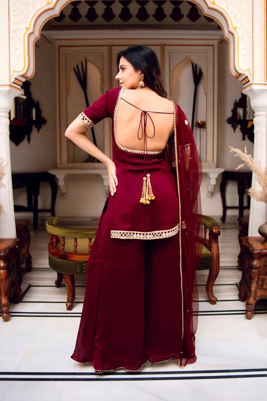 Mehrunisa Wine Sharara Set with Sheer Designer Dupatta