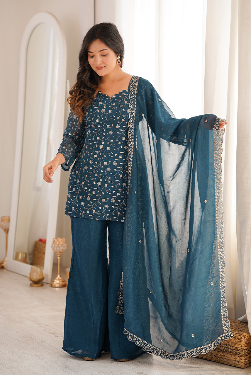 Teal Blue Heavy Embroidered Kurta Palazzo Set with Dupatta