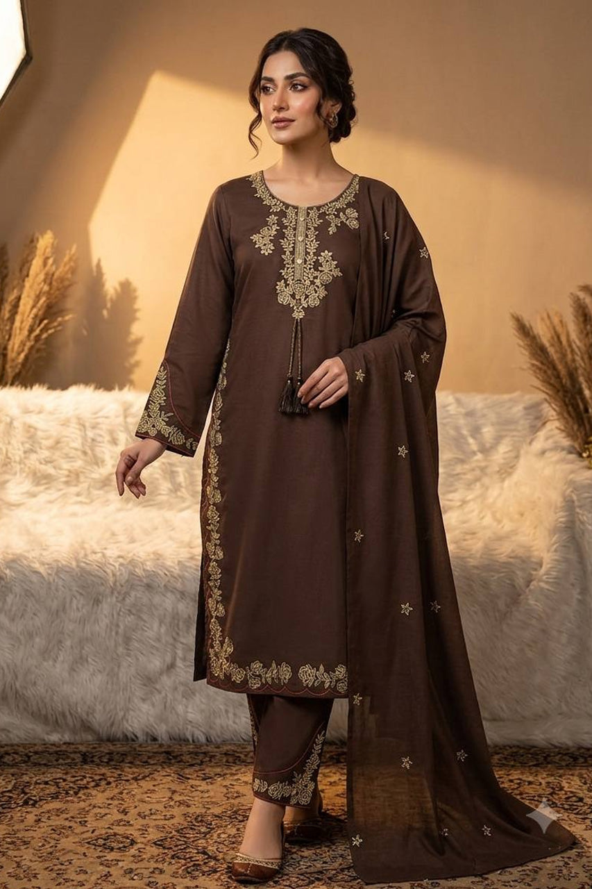 Shehzaadi Mocha Brown Embroidered Kurta Pant Set with Designer Dupatta