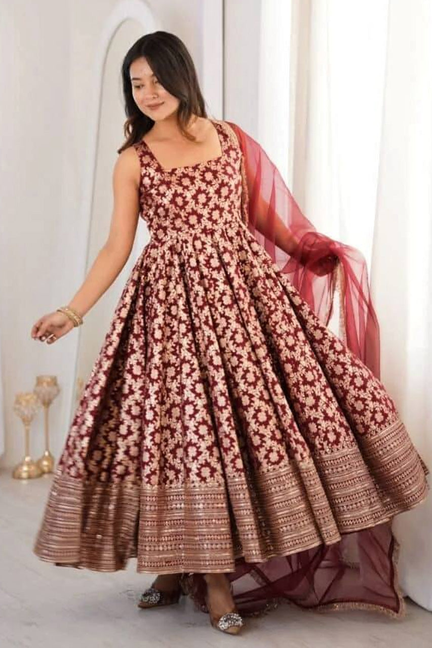 Gulbahar Wine Floral Anarkali Gown Set with Designer Dupatta