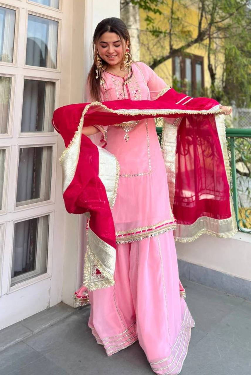 Blush Pink Embroidered Sharara Set with Rani Dupatta