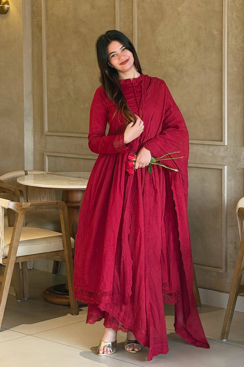 Ruhani Crimson Red Anarkali Kurta Set with Designer Dupatta