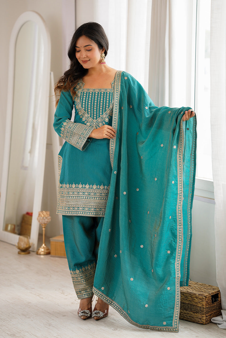 Turquoise Blue Embroidered Kurta Patiala Set with Dupatta