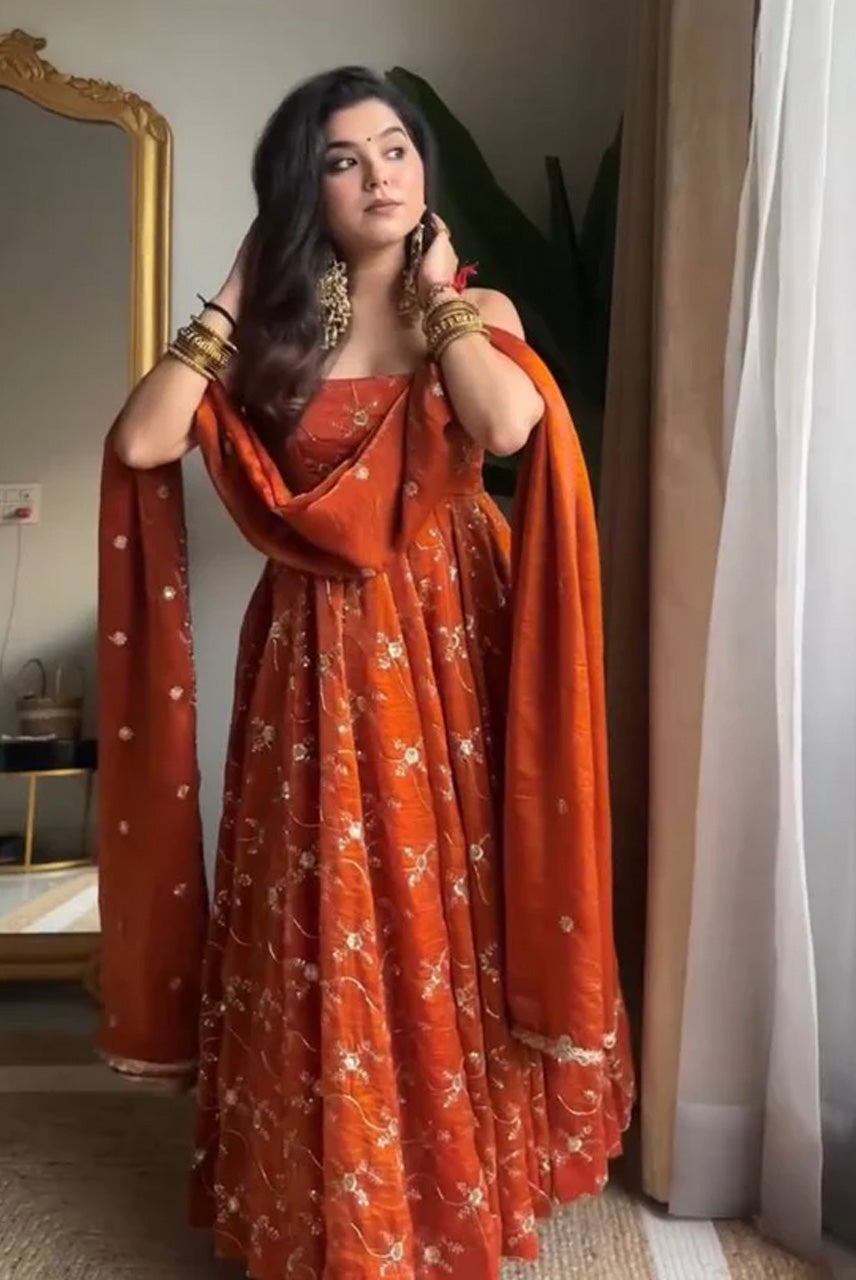 Rust Orange Embroidered Anarkali Gown Set with Dupatta – Royal Festive Collection