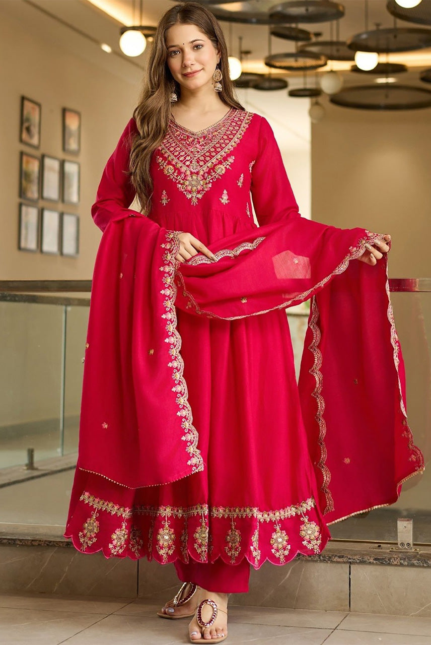 Rani Pink Embroidered Anarkali Suit Set with Dupatta