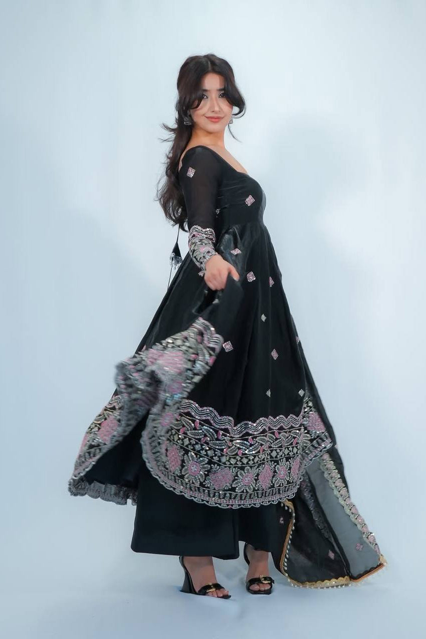 Noor-E-Shaam Black Embroidered Anarkali Set with Designer Dupatta