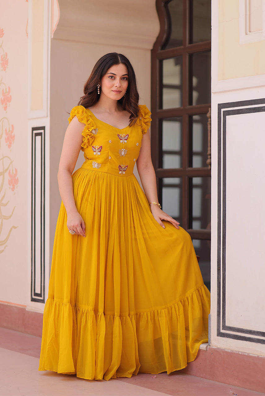 Sunshine Yellow Butterfly Embellished Ruffle Sleeve Anarkali Gown