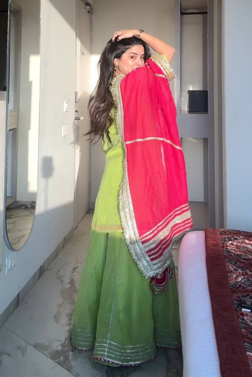 Lime Green Kurta Sharara Set with Rani Pink Dupatta