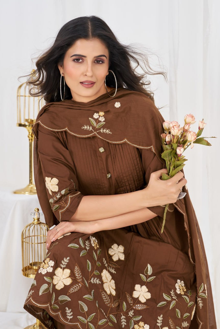 Chocolate Brown Floral Embroidered Anarkali Suit Set