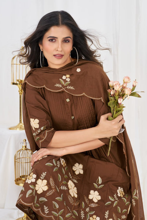 Chocolate Brown Floral Embroidered Anarkali Suit Set