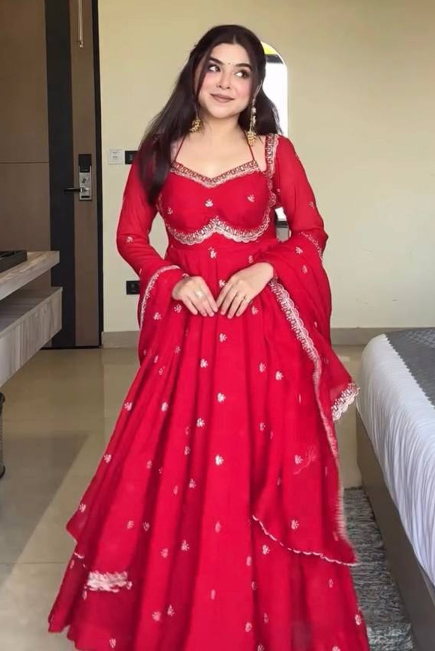 Ruby Red Embroidered Anarkali Suit Set with Dupatta