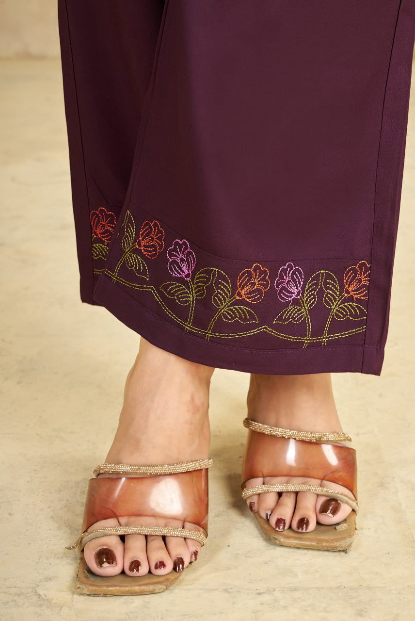 Wine Purple Embroidered Kurta & Palazzo Set – Elegant Ethnic Charm