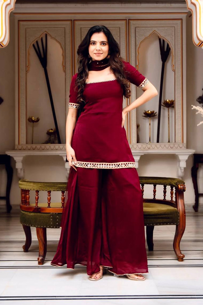 Mehrunisa Wine Sharara Set with Sheer Designer Dupatta