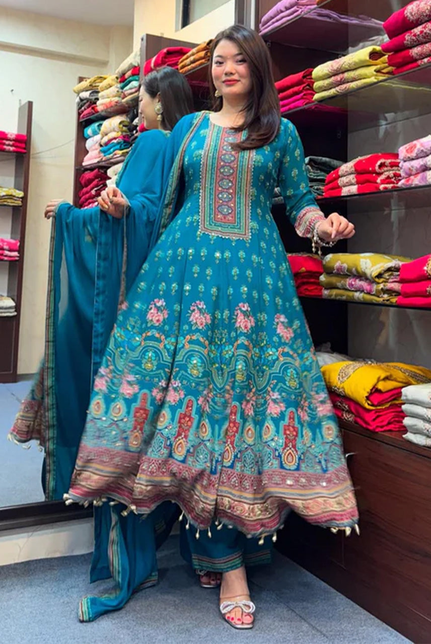 Teal Blue Floral Printed Anarkali Suit with Dupatta