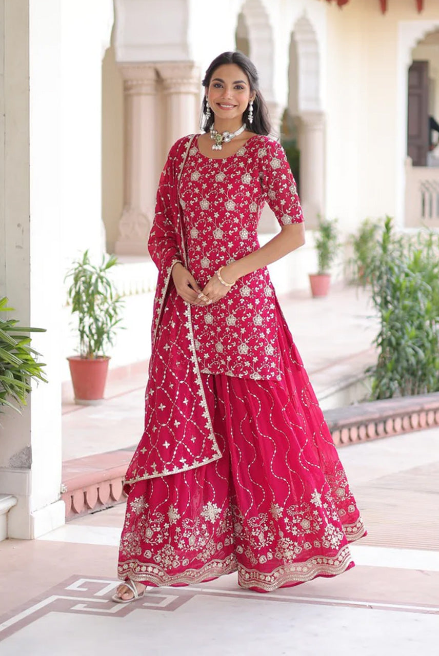 Rani Pink Heavy Embroidered Kurta Sharara Set with Dupatta